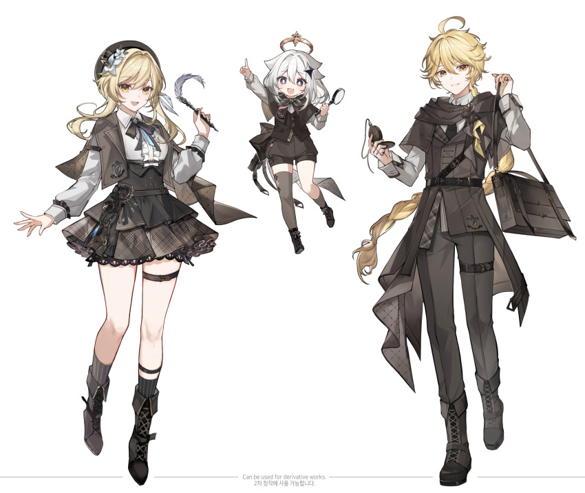 1boy, 2girls, absurdres, aether_(genshin_impact), asymmetrical_legwear, black_footwear, black_hat, black_skirt