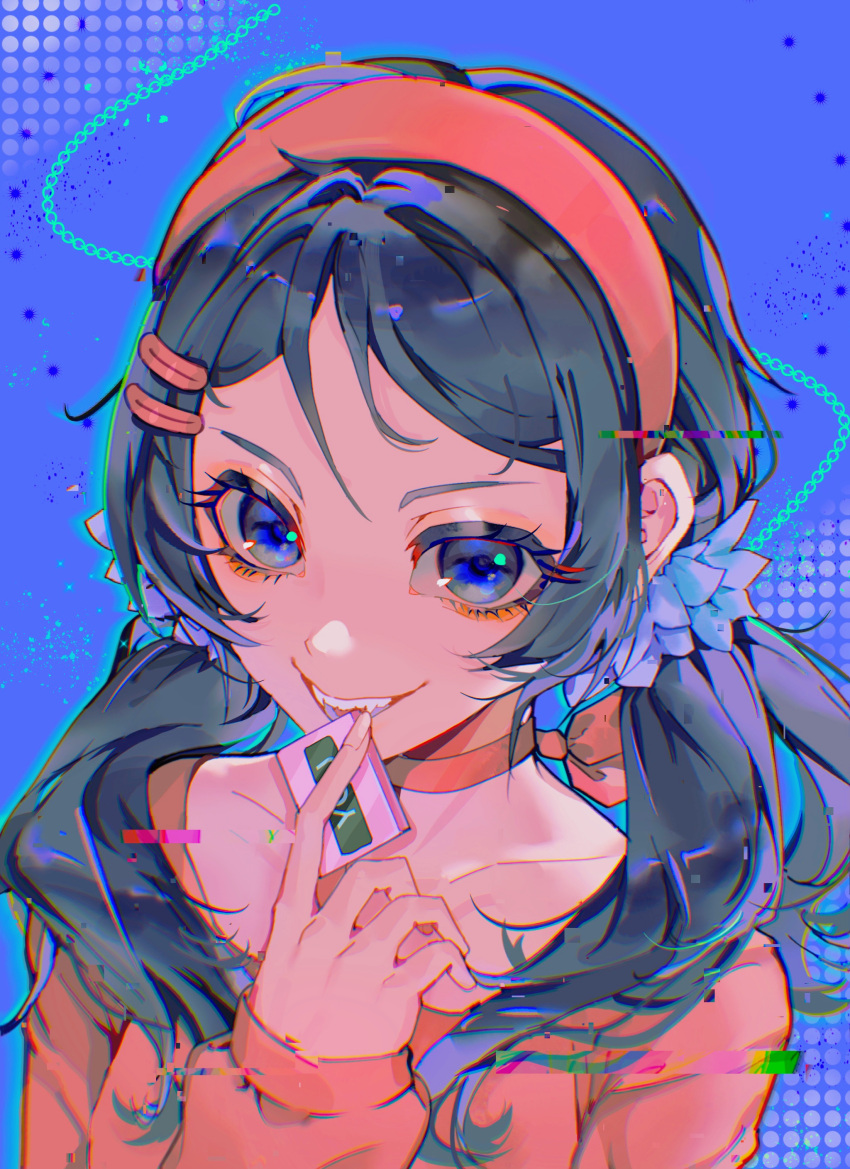 1girl, absurdres, blue_background, blue_eyes, blue_hair, bow, bow_choker, choker, chromatic_aberration, collarbone, fangs, game_cartridge, glitch, hair_ornament, hair_scrunchie, hairband, hairclip, highres, holding, holding_game_cartridge, long_hair, long_sleeves, looking_at_viewer, looking_up, low_twintails, luren_yi, miside, mita_(miside), parted_bangs, polka_dot, polka_dot_background, red_hairband, red_shirt, scrunchie, shirt, sleeves_past_wrists, solo, twintails, upper_body