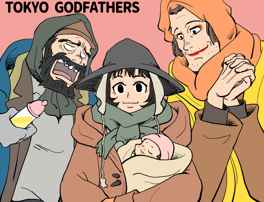 1boy, 3girls, baby, baby_bottle, beard, black_hair, bottle, brown_coat
