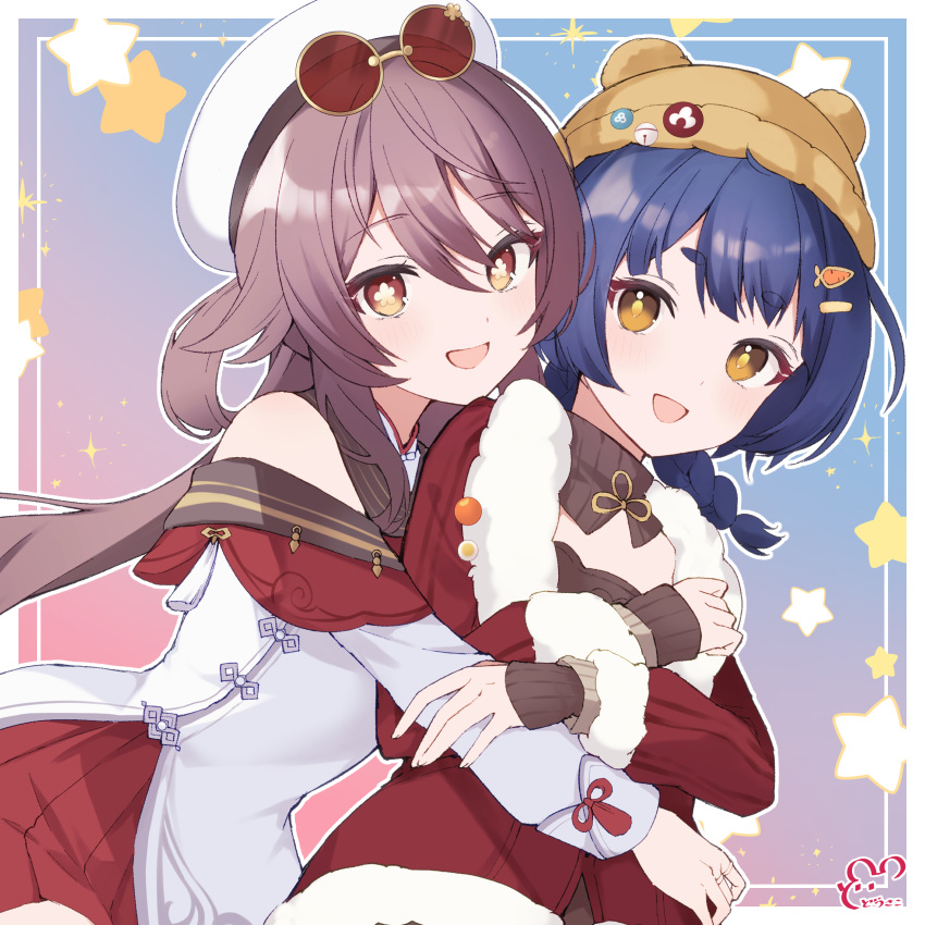 2girls, absurdres, artist_logo, bare_shoulders, blue_hair, braid, brown_hair, brown_hat
