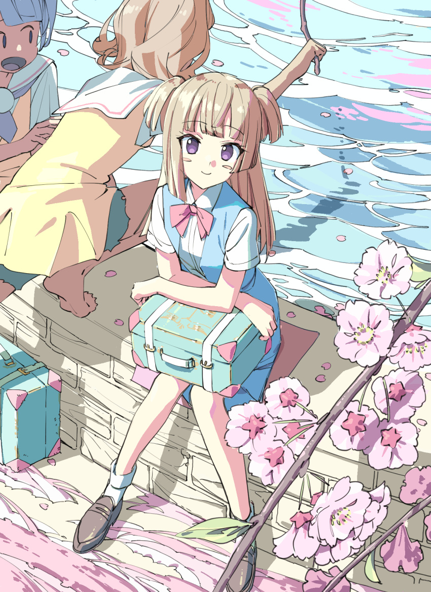3girls, ahoge, blue_dress, blunt_bangs, branch, brown_footwear, brown_hair, cherry_blossoms