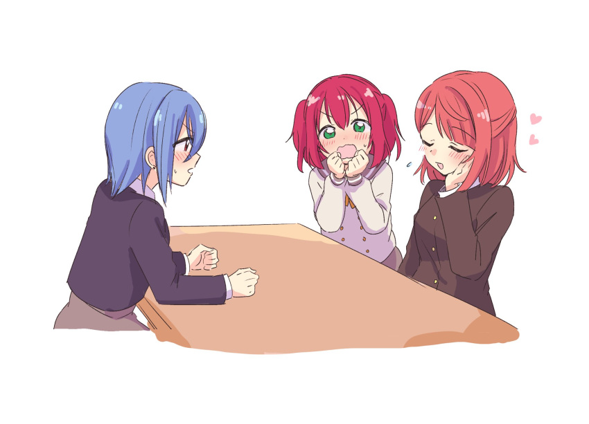 3girls, aiscream_(love_live!), black_jacket, blue_hair, blunt_bangs, blush, bow, bowtie