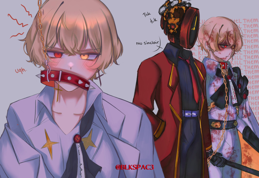 1boy, 1other, ascot, black_ascot, black_gloves, blkspac3, blonde_hair, collar