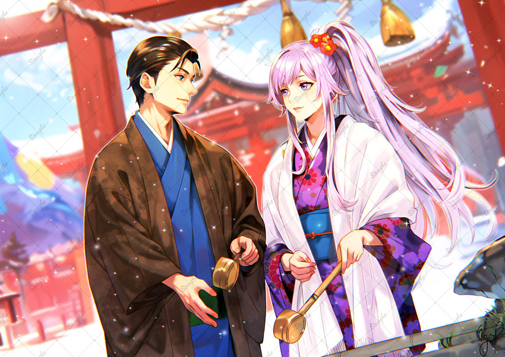 1boy, commission, commissioner_upload, fire_emblem, fire_emblem:_genealogy_of_the_holy_war, fire_emblem:_thracia_776, flower, hair_flower, hair_ornament, holding, holding_ladle, ishtar_(fire_emblem), japanese_clothes, kimono, kkkiss_etc, ladle, long_hair, ponytail, purple_hair, reinhardt_(fire_emblem), skeb_commission, temple, torii, violet_eyes