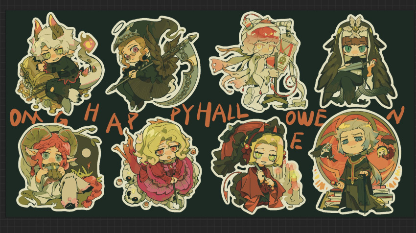 3girls, 5boys, bandaged_head, bandages, blonde_hair, blue_eyes, brown_hair, chibi, chibi_only, classicaloid, closed_mouth, demon_tail, eyeball, flame-tipped_tail, franz_liszt_(classicaloid), franz_schubert_(classicaloid), frederic_chopin_(classicaloid), geiwotingla2, green_eyes, halo, happy_halloween, highres, holding, holding_scythe, holding_sword, holding_umbrella, holding_weapon, horns, intravenous_drip, johann_sebastian_bach_(classicaloid), ludwig_van_beethoven_(classicaloid), monsterification, multiple_boys, multiple_girls, pan_flute, parasol, puffy_sleeves, pyotr_illyich_tchaikovsky_(classicaloid), redhead, satyr, scythe, skull, smile, sword, tail, tears, tekla_badarzewska-baranowska_(classicaloid), treasure, umbrella, weapon, wolfgang_amadeus_mozart_(classicaloid)