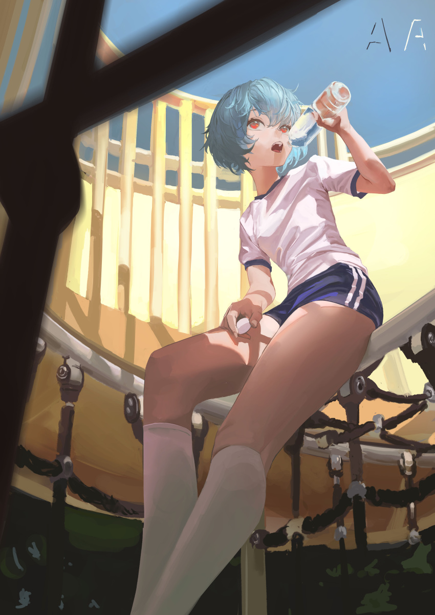 1girl, absurdres, ayanami_rei, blue_hair, bottle, commentary, highres, neon_genesis_evangelion, open_mouth, red_eyes, shirt, short_hair, shorts, socks, solo, water_bottle, white_shirt, white_socks, zigou