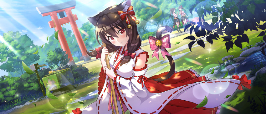 3girls, animal_ear_hairband, animal_ears, bell, black_socks, blue_sky, boots, bow