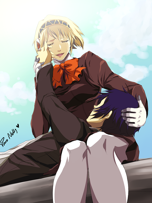 1girl, aegis, android, arisato_minato, blonde_hair, blue_hair, closed_eyes, couple