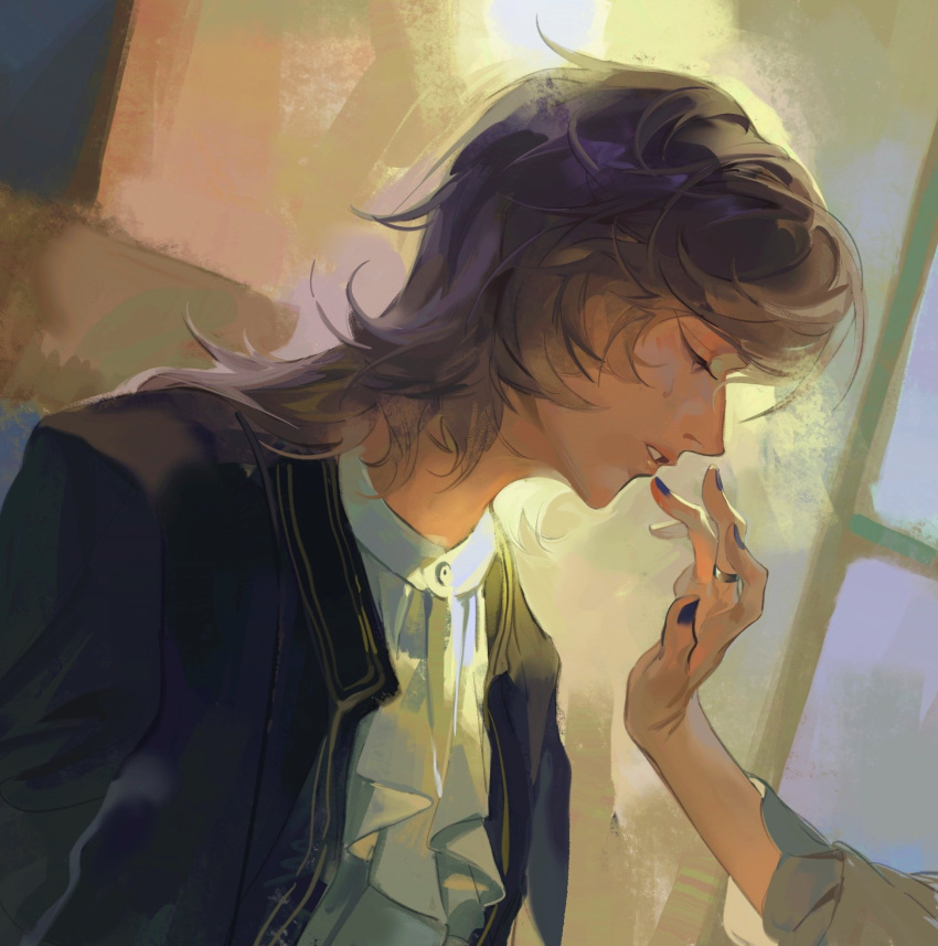 1boy, ascot, black_jacket, blue_nails, brown_hair, classicaloid, frederic_chopin_(classicaloid), geiwotingla2, highres, indoors, jacket, jewelry, male_focus, parted_lips, ring, shirt, short_hair, solo_focus, upper_body, white_ascot, white_shirt, window