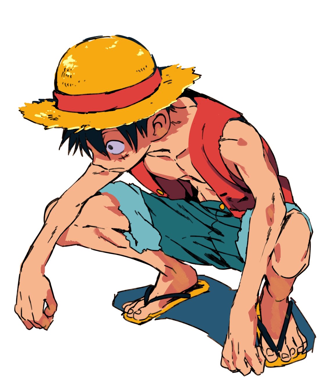 1boy, black_hair, blue_shorts, closed_mouth, gobogobogobou11, hat, highres, male_focus, monkey_d._luffy, one_piece, open_mouth, red_shirt, sandals, scar, scar_on_face, shadow, shirt, shorts, simple_background, sleeveless, sleeveless_shirt, solo, squatting, straw_hat, toes, toned, toned_male, white_background
