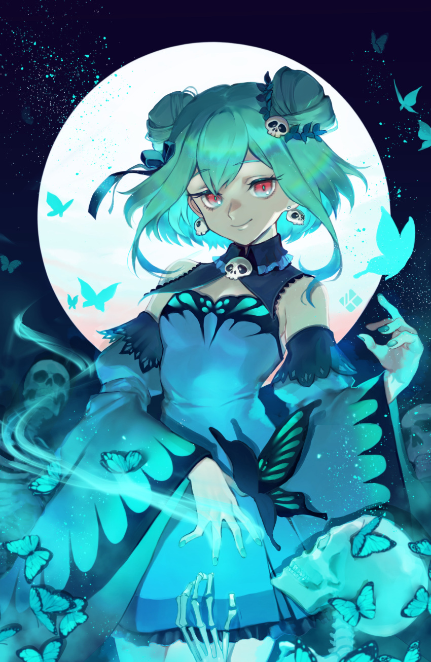 11t, 1girl, absurdres, animal_print, blue_dress, blue_sleeves, bug, butterfly