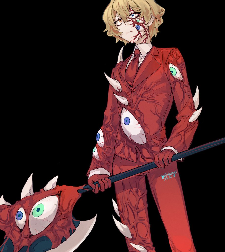 1boy, black_background, blonde_hair, blue_eyes, fuku0275, halberd, heterochromia, jacket