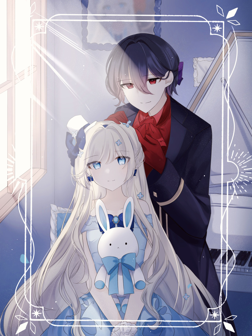 absurdres, alice_(arcaea), arcaea, black_hair, black_suit, blonde_hair, blue_dress, blue_eyes