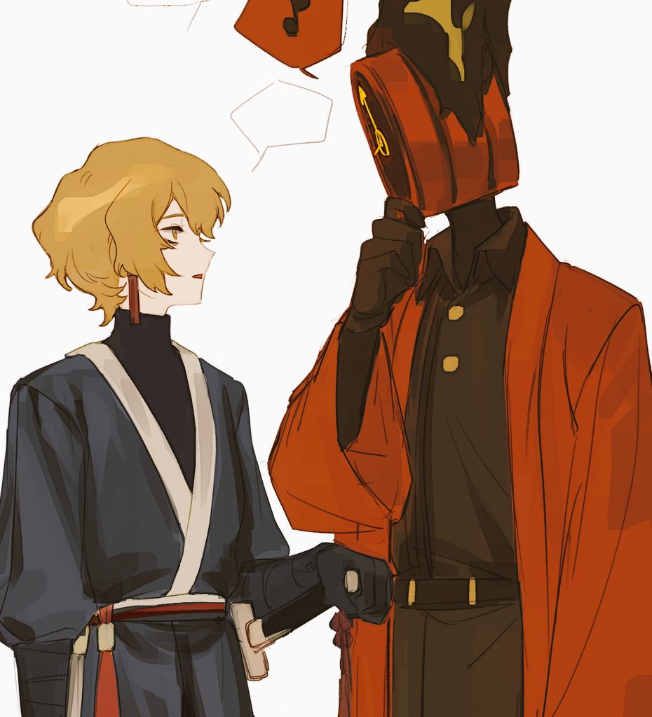 1boy, 1other, black_gloves, black_shirt, blonde_hair, collared_shirt, dante_(limbus_company), fuku0275