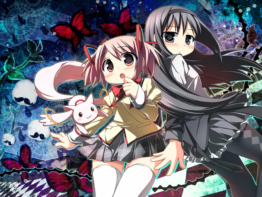 akemi_homura, anthony_(madoka_magica), back-to-back, black_eyes, black_hair, blush, bow, butterfly, checkered, checkered_floor, hair_bow, hair_ribbon, hairband, highres, kaname_madoka, kyubey, kyuubee, long_hair, mahou_shoujo_madoka_magica, multiple_girls, nagayama_yuunon, open_mouth, pantyhose, pink_eyes, pink_hair, ribbon, sakuraboshi_sora, school_uniform, short_hair, short_twintails, skirt, standing, thigh-highs, thighhighs, twintails, wallpaper, witch's_labyrinth, zettai_ryouiki