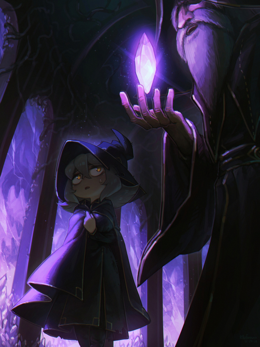1boy, 1girl, absurdres, beard, cloak, crystal, facial_hair, fantasy, flail_witch_(porforever), grey_hair, hat, highres, indoors, long_beard, looking_at_another, magic, old, old_man, original, porforever, robe, sweatdrop, wizard, wizard_hat, yellow_eyes