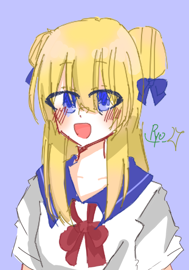 1girl, artist_name, blonde_hair, blue_background, blue_eyes, blue_ribbon, blue_sailor_collar, claudina_skylark_(mousugu_natsuyasumi!_2), collarbone, double_bun, hair_bun, mousugu_natsuyasumi!_2, open_mouth, ribbon, sailor_collar, school_uniform, serafuku, simple_background, sketch, smile, solo, upper_body, user_ehrx2832, white_serafuku