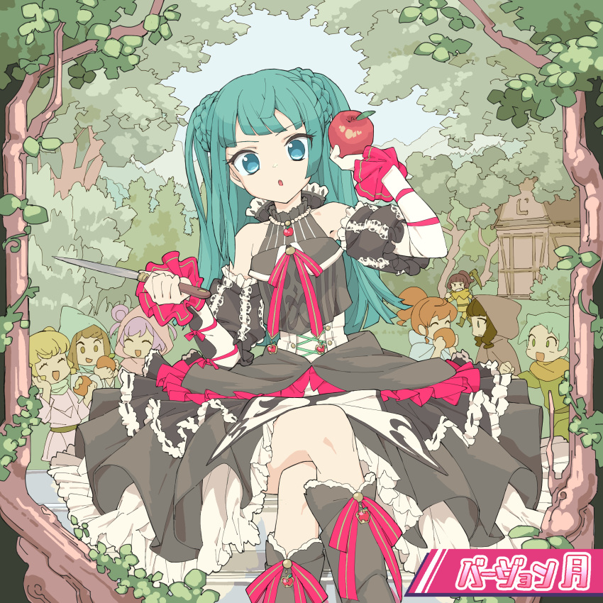 6+girls, absurdres, apple, black_dress, blonde_hair, blue_eyes, blunt_bangs, blunt_ends