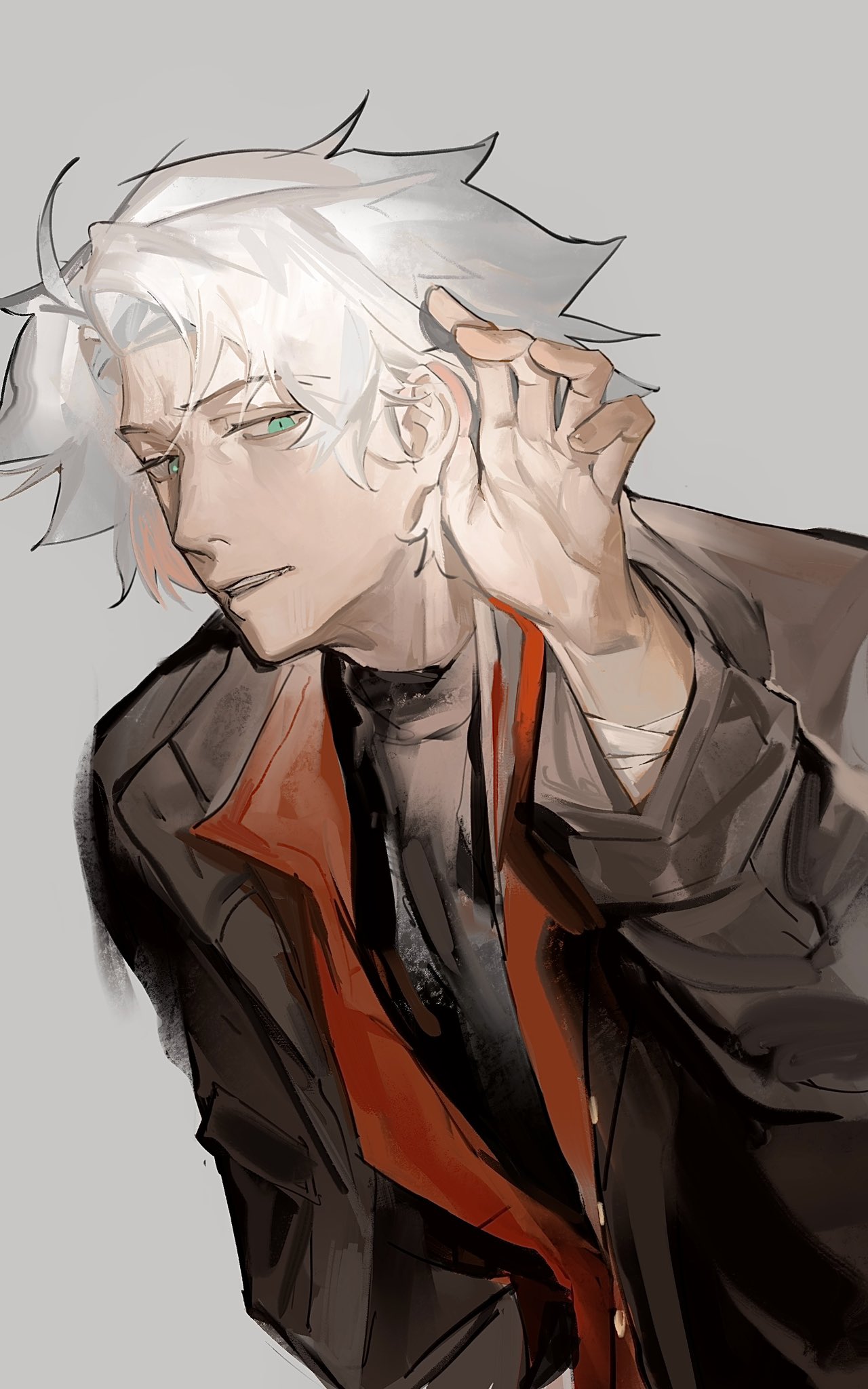 1boy, bandaged_arm, bandages, black_jacket, black_shirt, classicaloid, cupping_ears, geiwotingla2