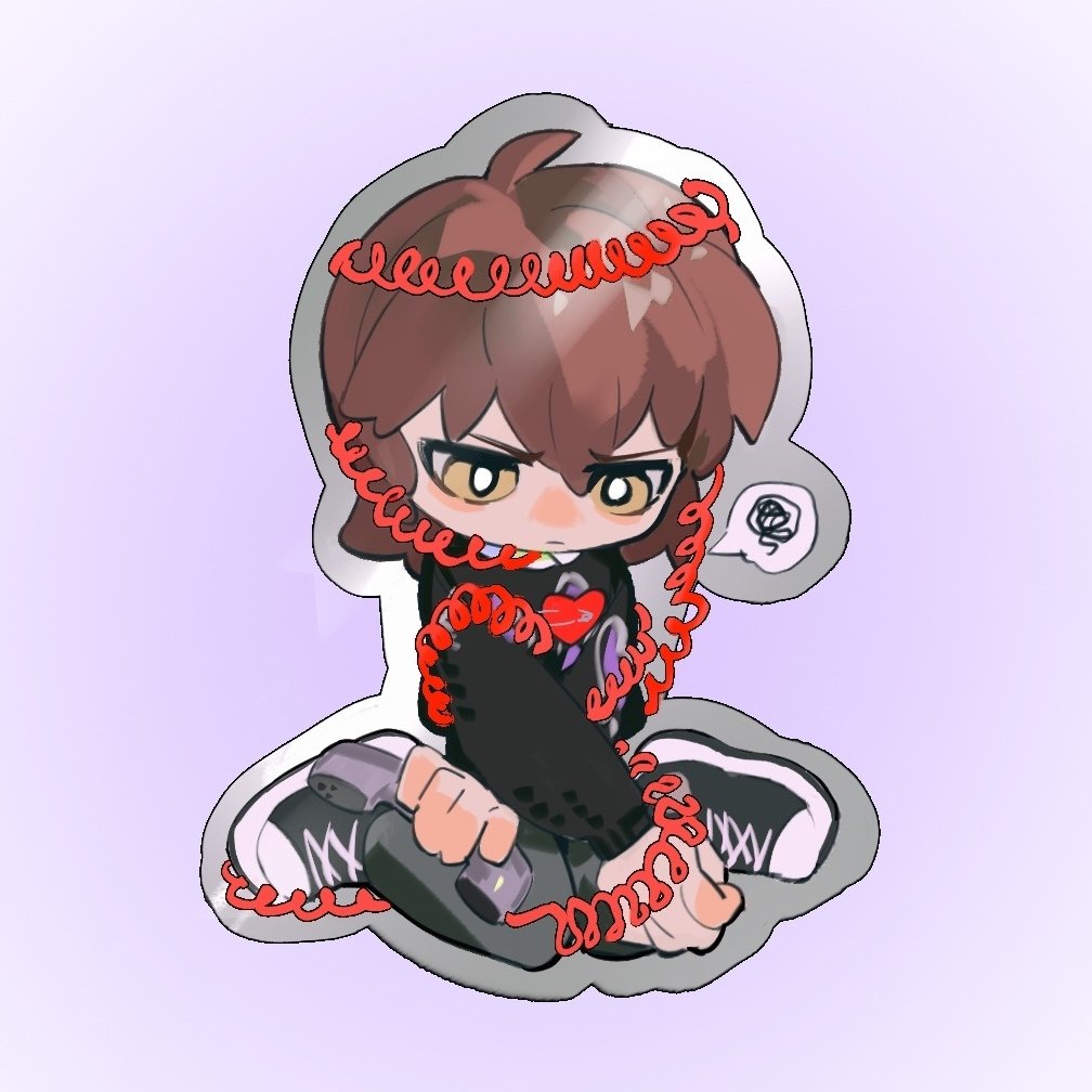 1boy, antique_phone, black_pants, black_sweater, brown_hair, cable, chibi, chibi_only
