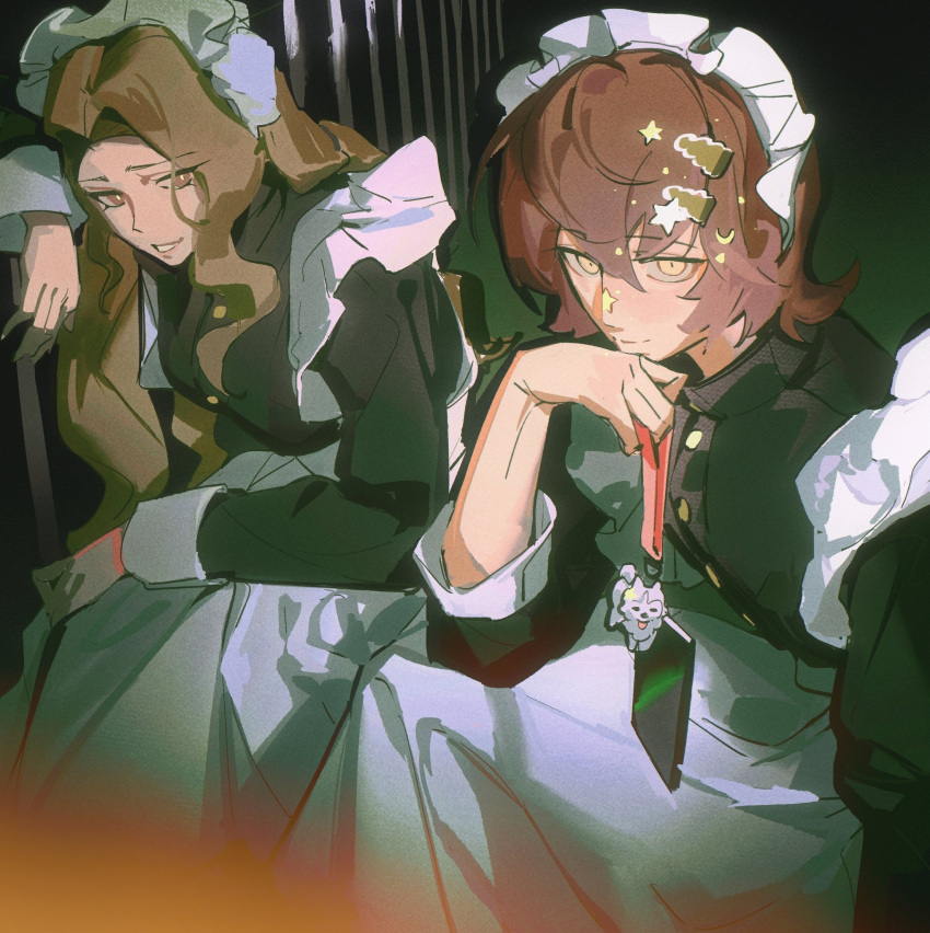 1boy, 1girl, apron, brown_eyes, brown_hair, charm_(object), classicaloid, closed_mouth
