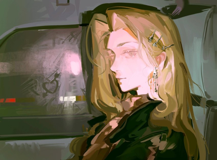 1girl, black_jacket, brown_hair, classicaloid, closed_mouth, earrings, eyelashes, franz_liszt_(classicaloid)