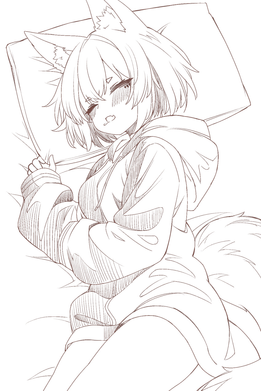 1girl, animal_ears, breasts, closed_eyes, fang, fox_ears, fox_girl, fox_tail