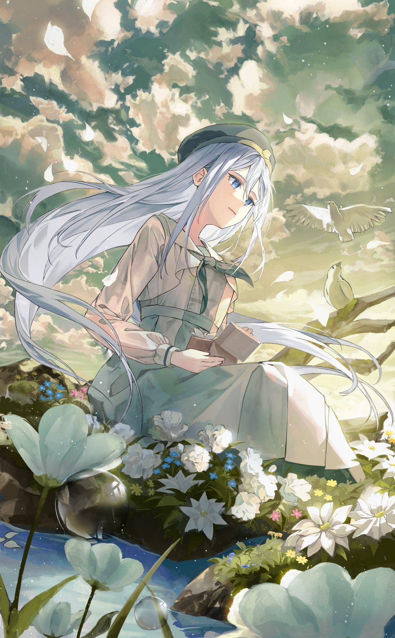 1girl, ano_hi_kanadeta_neiro_wo_(project_sekai), beret, bird, black_hat, blue_eyes, blue_hair, clouds, cloudy_sky, cosplay, flower, flower_request, hat, highres, long_hair, official_alternate_costume, outdoors, project_sekai, shirushi_06, sky, solo, white_bird, white_flower, yoisaki_kanade