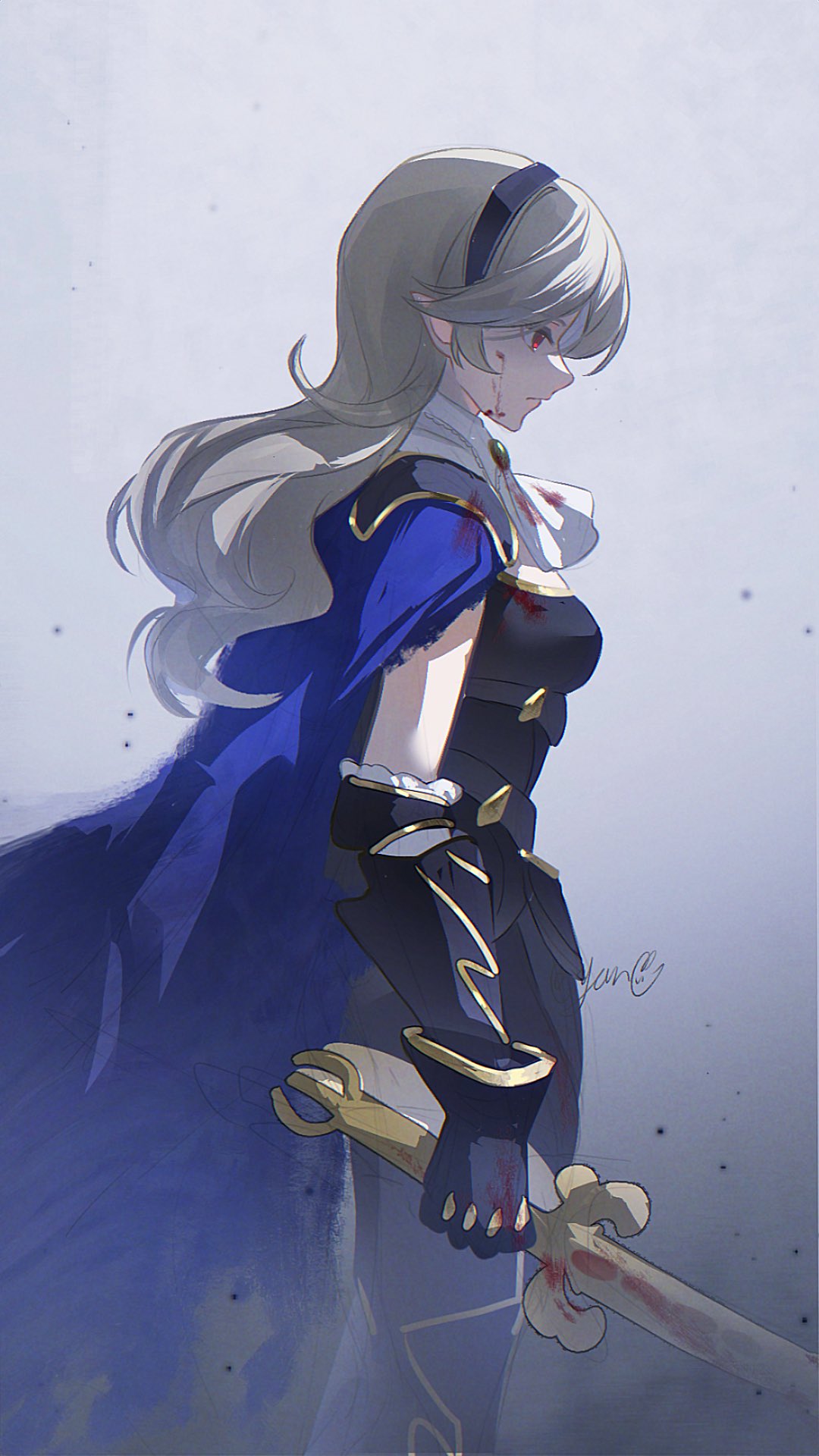 1girl, armor, ascot, black_armor, black_gloves, black_hairband, blood, blood_on_face, blood_on_hands, blue_cape, cape, closed_mouth, corrin_(female)_(fire_emblem), corrin_(female)_(nohr_noble)_(fire_emblem), corrin_(fire_emblem), fire_emblem, fire_emblem_fates, fire_emblem_heroes, gauntlets, gloves, grey_hair, hairband, hashtag-only_commentary, highres, long_hair, official_alternate_costume, pointy_ears, profile, solo, swors, white_ascot, yato_(fire_emblem), yun_(dl2n5c7kbh8ihcx)
