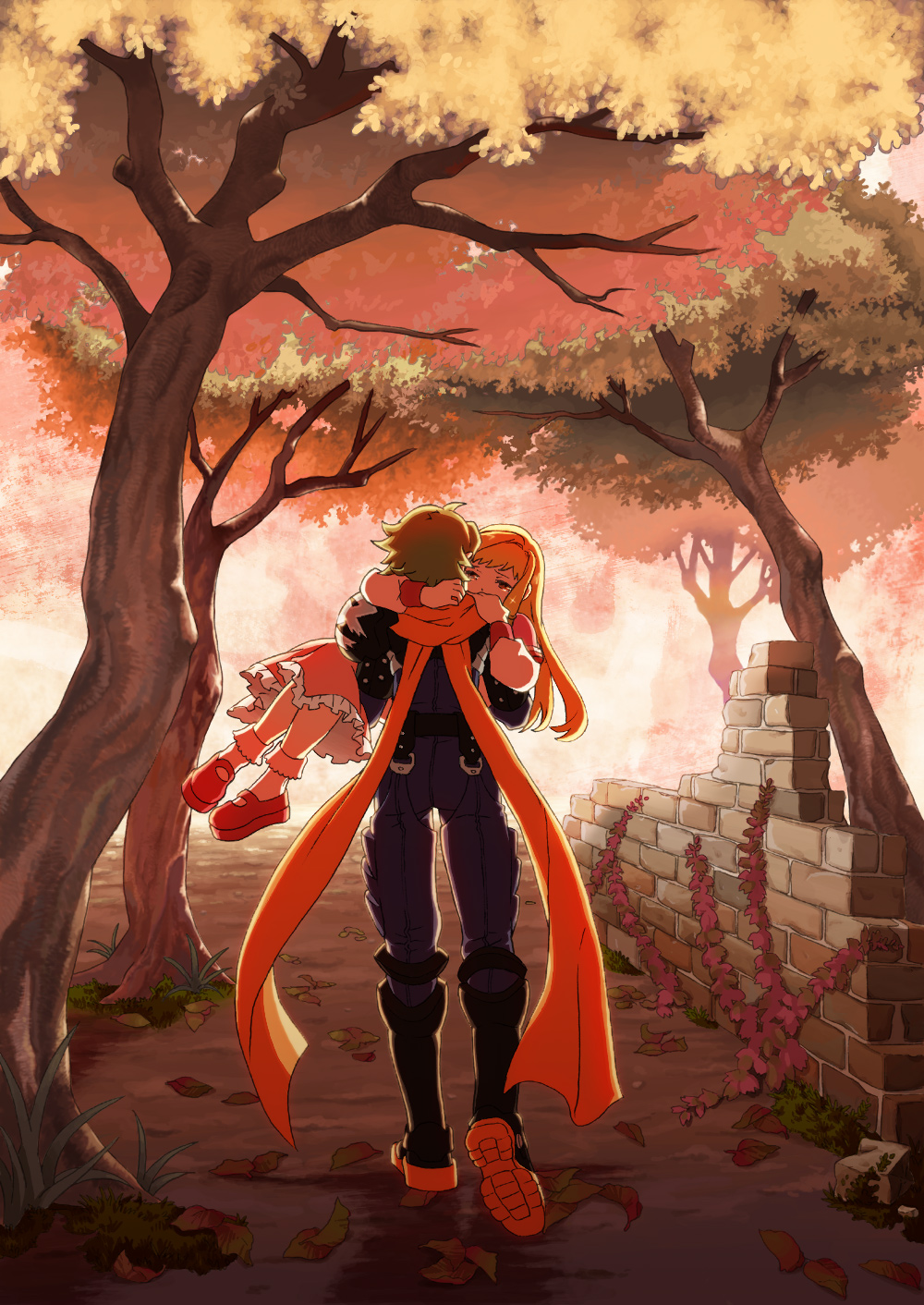 1girl, ahoge, aura_(wild_arms), blonde_hair, bodysuit, boots, brown_eyes, carrying