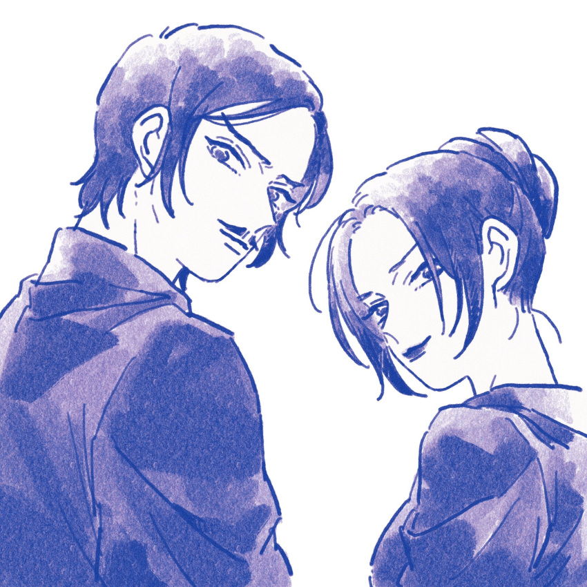 1boy, 1girl, back, closed_mouth, facial_hair, hair_bun, highres, light_smile