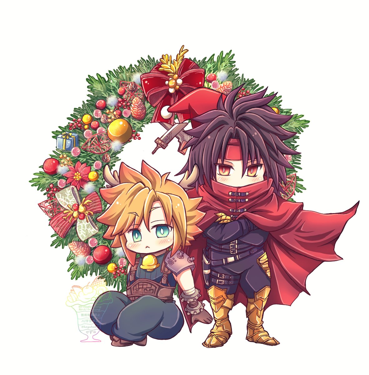 2boys, armor, armored_boots, black_hair, black_pants, blonde_hair, blue_eyes, blue_pants, boots, buster_sword, cape, chibi, christmas, christmas_ornaments, cloak, cloud_strife, crossed_arms, final_fantasy, final_fantasy_vii, final_fantasy_vii_rebirth, final_fantasy_vii_remake, full_body, gauntlets, gun, handgun, highres, kazuha61, long_hair, looking_at_viewer, male_focus, multiple_boys, pants, red_cape, red_cloak, red_eyes, short_hair, shoulder_armor, single_gauntlet, sitting, spiky_hair, standing, sweater, turtleneck, turtleneck_sweater, vincent_valentine, weapon