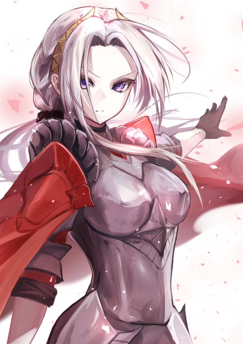 1girl, absurdres, arm_up, armor, black_gloves, blurry, blurry_background, breasts