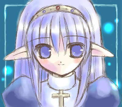 1girl, 2000s_(style), archived_source, blue_eyes, blue_hair, closed_mouth, cross, fujimiya_misuzu, hair_between_eyes, jaggy_lines, light_blue_hair, looking_at_viewer, lowres, pointy_ears, priest_(ragnarok_online), ragnarok_online, smile, solo, straight-on, upper_body