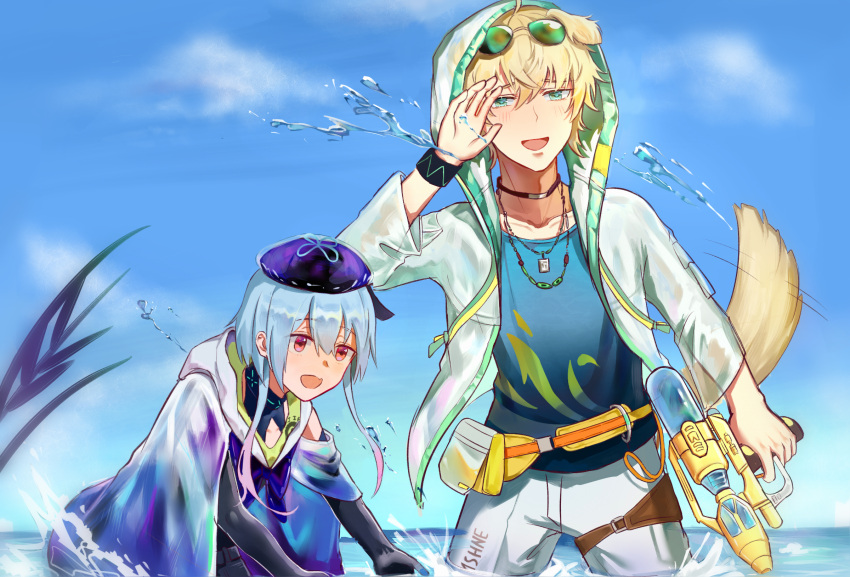 2boys, ahoge, animal_ears, arknights, beret, black_gloves, black_shirt, blonde_hair