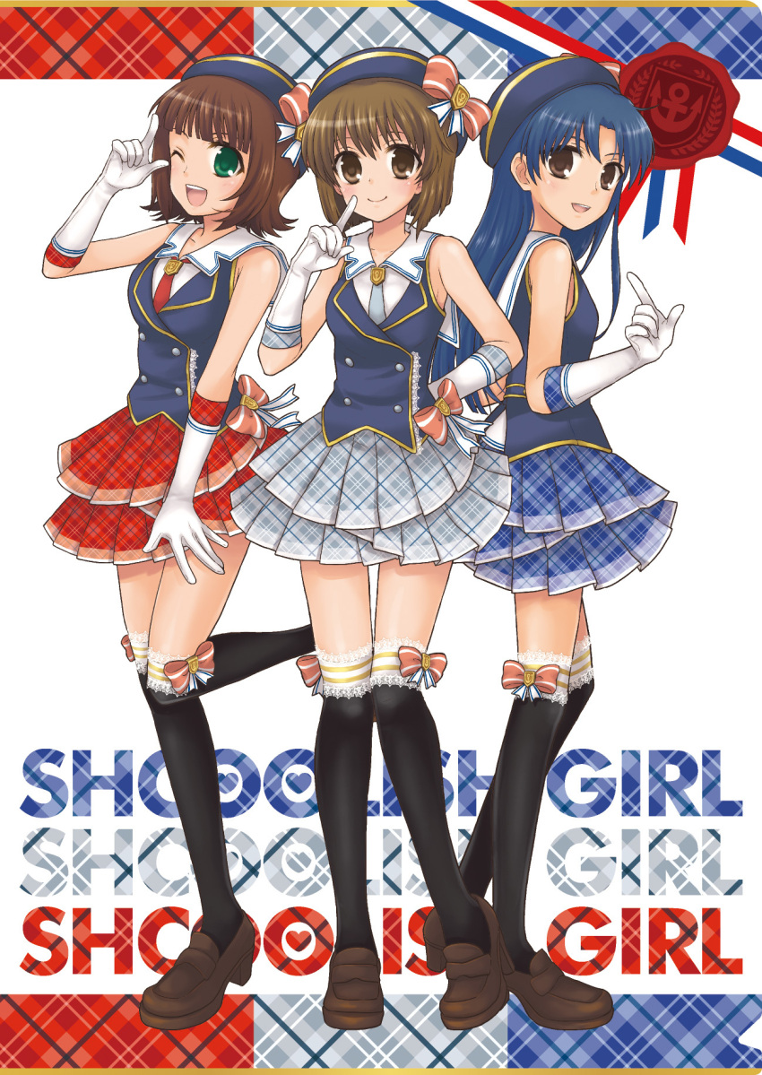 amami_haruka, bare_shoulders, black_kneehighs, black_legwear, bow, elbow_gloves, gloves, hagiwara_yukiho, hat, highres, idolmaster, kisaragi_chihaya, kneehighs, multiple_girls, nekota_nanami, open_mouth, schoolish_girl_(idolmaster), skirt, sleeveless, smile, wink
