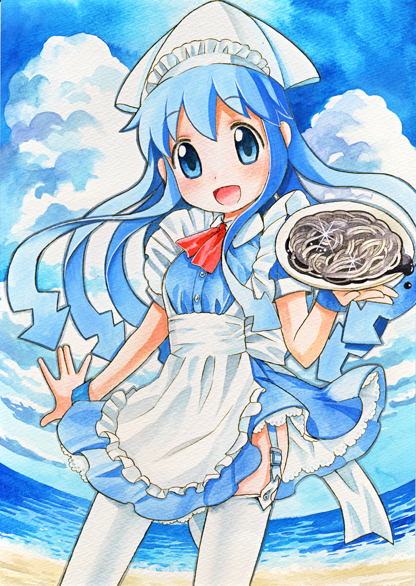 :d, beach, black_spaghetti, blue_eyes, blue_hair, cloud, garter_straps, hat