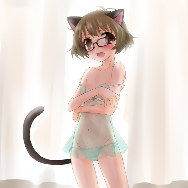 animal_ears, blush, brown_eyes, brown_hair, bulge, cat_ears, cat_tail, chemise, covering, crossdressing, crossdressinging, embarrassed, glasses, idolmaster, idolmaster_dearly_stars, lingerie, nekota_nanami, open_mouth, panties, see-through, side-tie_panties, tail, trap, underwear