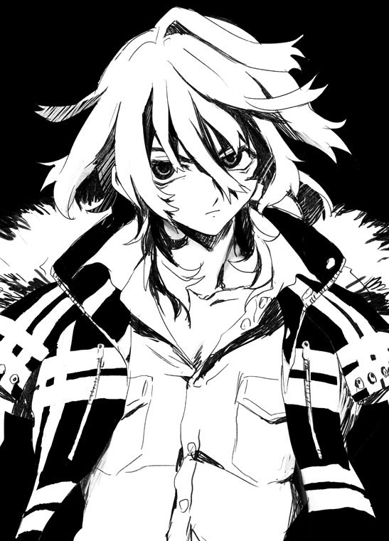 1boy, akiyama_enma, black_background, closed_mouth, collarbone, collared_shirt, fur-trimmed_jacket, fur_trim, greyscale, hair_between_eyes, jacket, koide_natsuno, looking_at_viewer, monochrome, serious, shiki_(novel), shirt, short_hair, solo, tsurime, upper_body