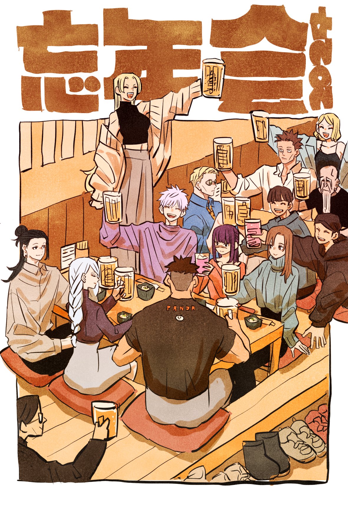 5girls, 6+boys, ^_^, bald, beard, black_shirt, blonde_hair, blunt_bangs