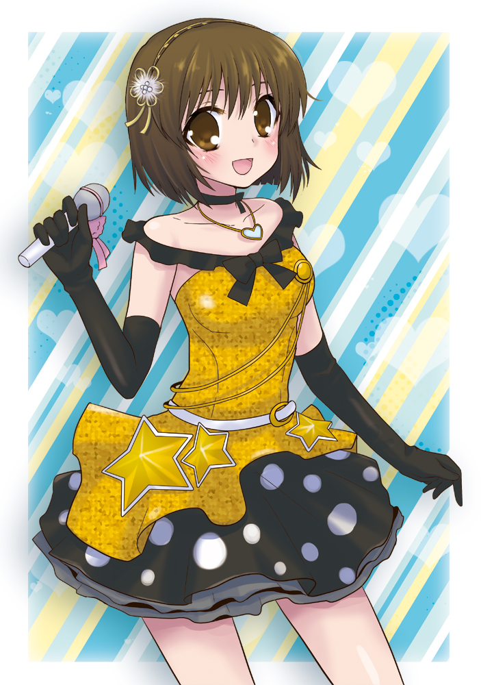 brown_eyes, brown_hair, dress, elbow_gloves, flower, gloves, hagiwara_yukiho, hair_flower