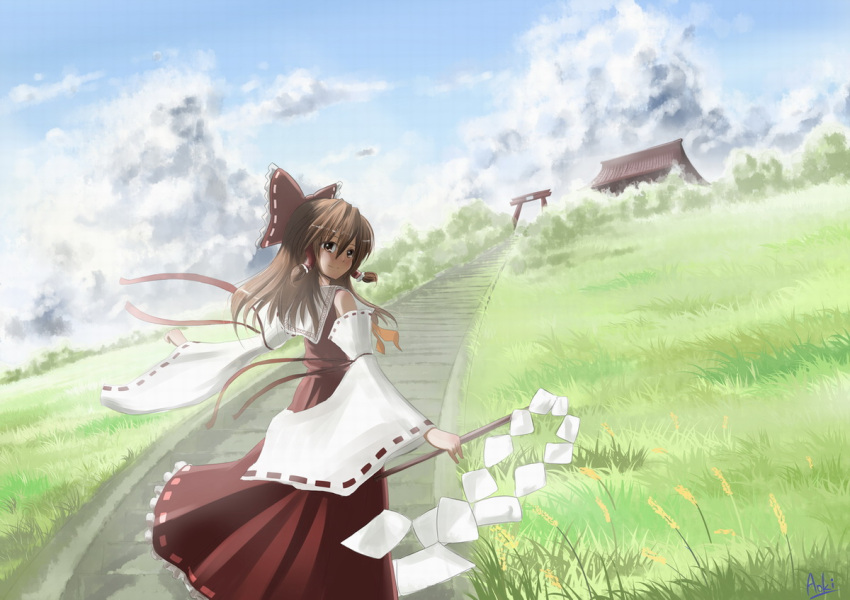 aoki_(miharuu), bad_id, bow, brown_eyes, brown_hair, cloud, clouds, detached_sleeves, gohei, grass, hair_bow, hair_ornament, hakurei_reimu, hill, long_hair, miharuu, miko, shrine, sky, smile, solo, stairs, torii, touhou, wind