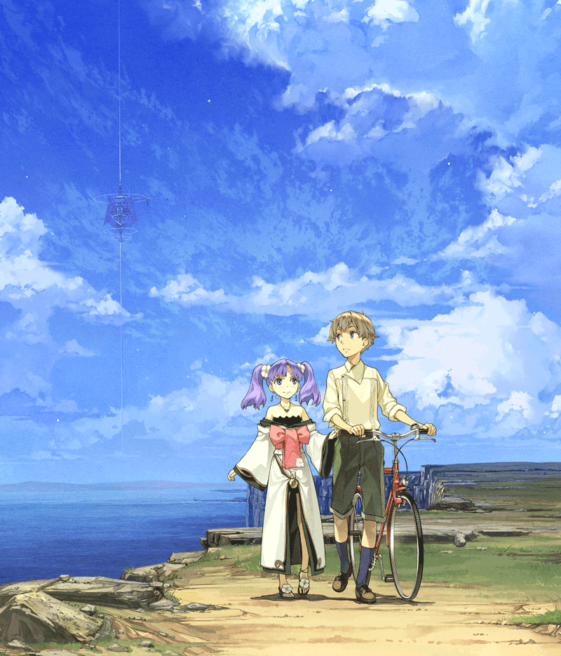 bare_shoulders, bicycle, clain, cloud, clouds, fractale, hidari, hidari_(left_side), jewelry, nessa, ocean, official_art, purple_hair, ribbon, sandals, scenery, sky