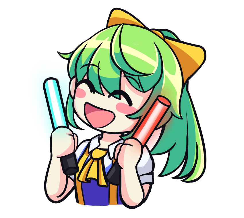 1girl, :d, absurdres, blue_vest, blush_stickers, bow, closed_eyes, collared_shirt