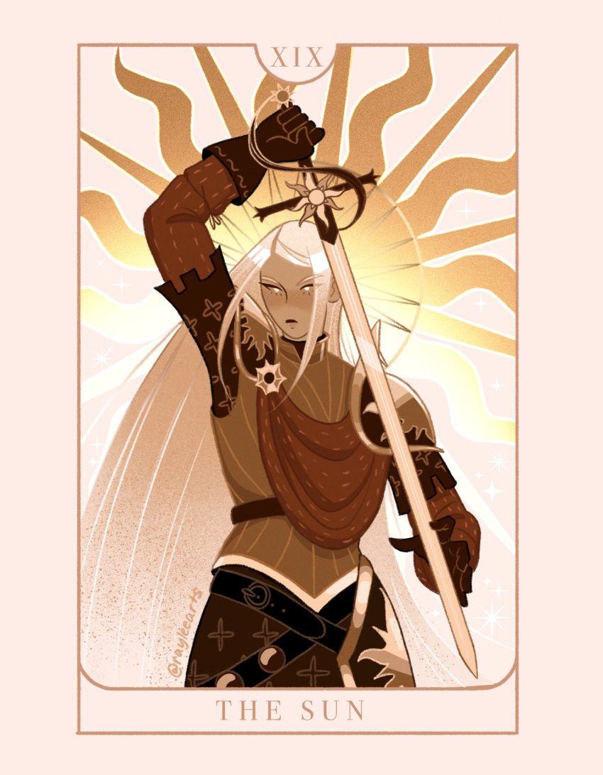 1girl, armor, belt, black_belt, border, brooch, brown_gloves, brown_skirt, brown_tunic, cape, card_(medium), closed_mouth, commentary, cowboy_shot, cross, cross_print, cuirass, english_commentary, english_text, gloves, hand_on_blade, highres, holding, holding_sword, holding_weapon, jewelry, long_hair, multiple_belts, original, pauldrons, pink_background, pink_border, raylee, red_cape, red_shirt, roman_numeral, shirt, shoulder_armor, skirt, solo, sun_behind_head, sword, sword_tassel, tan, tarot, tarot_(medium), the_sun_(tarot), tunic, twitter_username, very_long_hair, weapon, white_hair