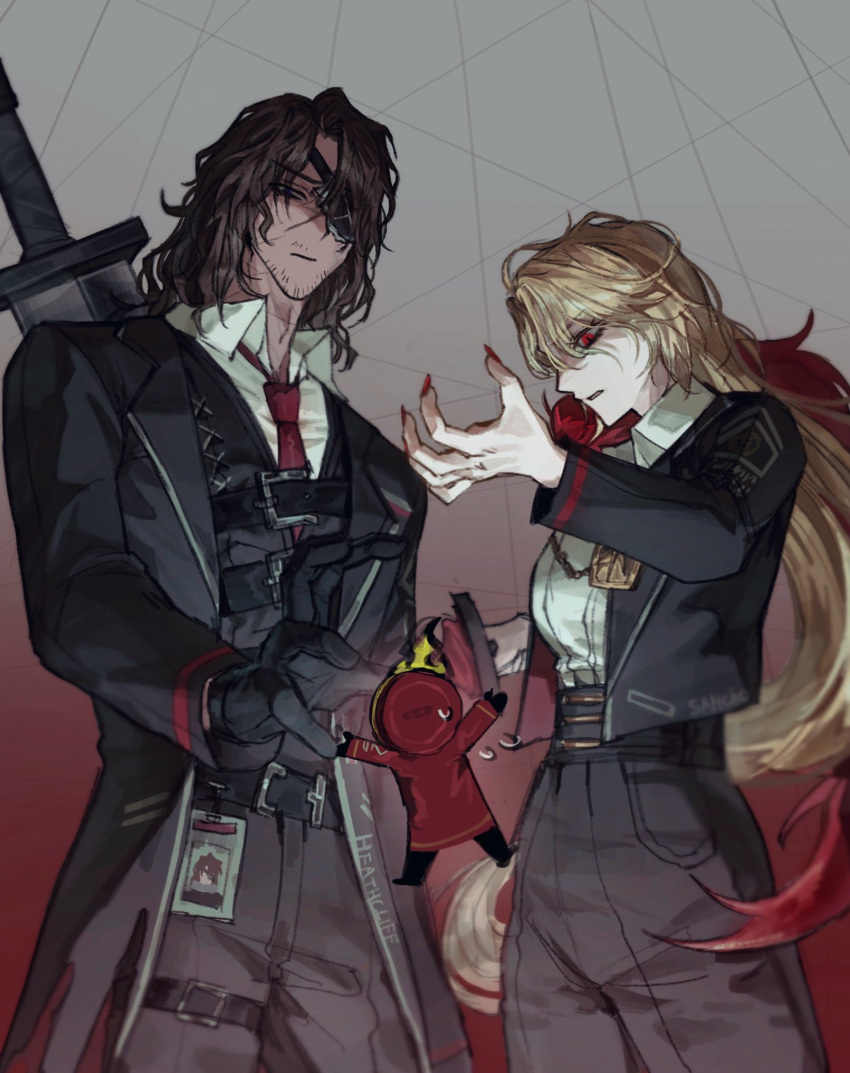 1boy, 1girl, ahoge, alternate_costume, belt, black_belt, black_vest, blonde_hair