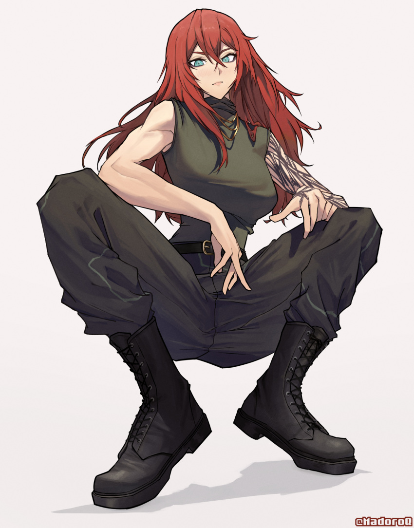 arm_tattoo, artist_name, black_background, black_footwear, blue_eyes, boots, breasts, commission