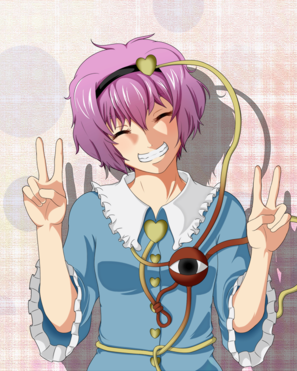 bad_id, closed_eyes, double_v, eyes_closed, frills, grin, hairband, head_tilt, heart, highres, hiirokohaku, komeiji_satori, purple_hair, shadow, short_hair, smile, solo, third_eye, touhou, v