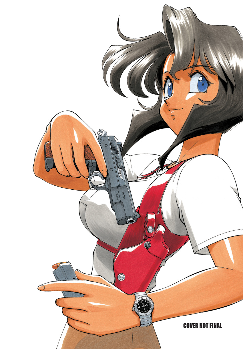 1girl, absurdres, black_hair, blue_eyes, bob_cut, breasts, brown_skirt, bullet