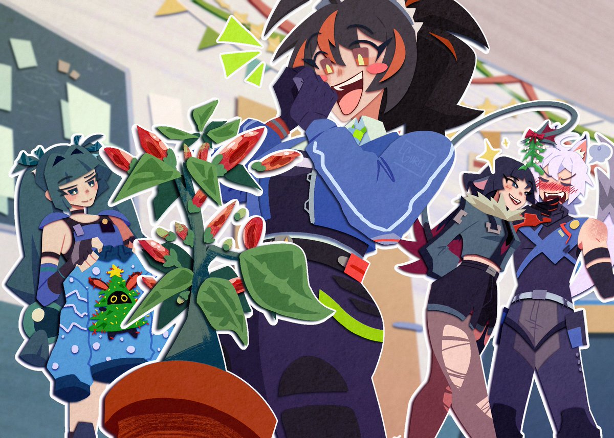 1boy, 3girls, animal_ears, arm_behind_back, bare_shoulders, black_hair, black_shorts, blurry